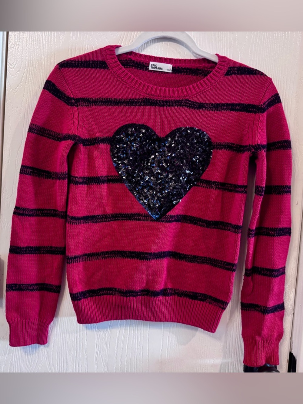 Epic Threads Red black Striped Sweater with Sequin Heart